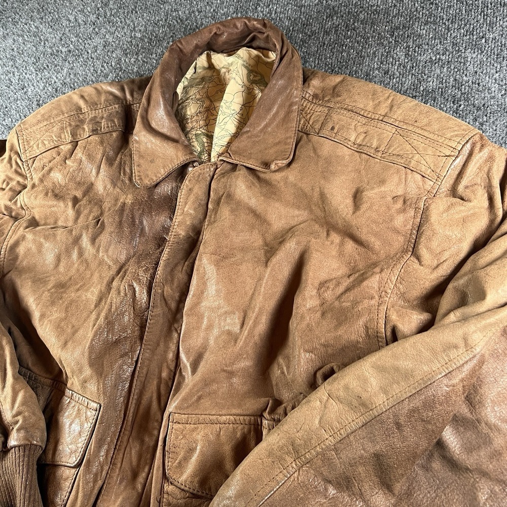Vintage Leather Bomber Jacket Map Lining Tan‎ Brown Aviator Flight 80s Men's